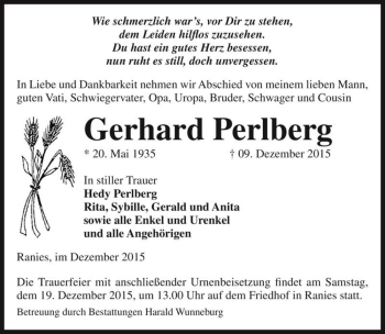 Traueranzeige von Gerhard Perlberg  von Magdeburger Volksstimme
