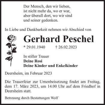 Traueranzeige von Gerhard Peschel  von Magdeburger Volksstimme