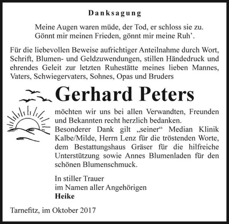  Traueranzeige für Gerhard Peters  vom 18.10.2017 aus Magdeburger Volksstimme