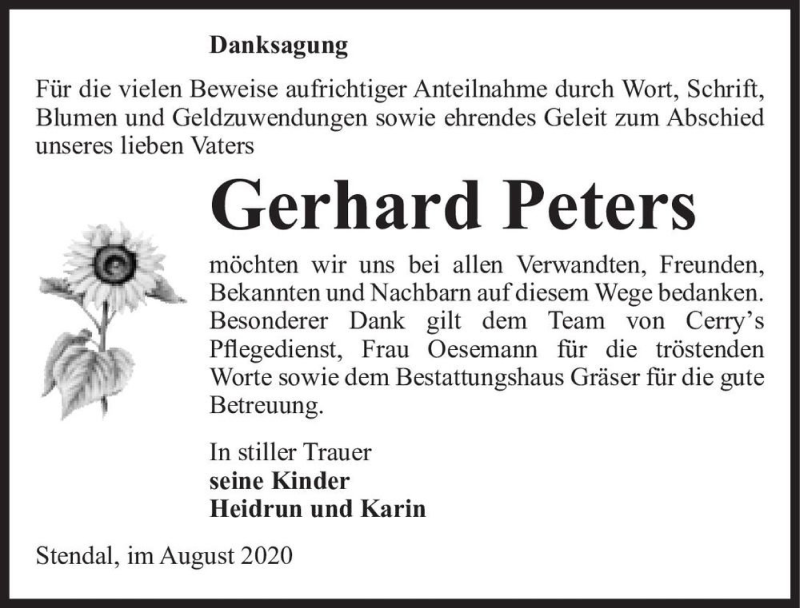  Traueranzeige für Gerhard Peters  vom 13.08.2020 aus Magdeburger Volksstimme