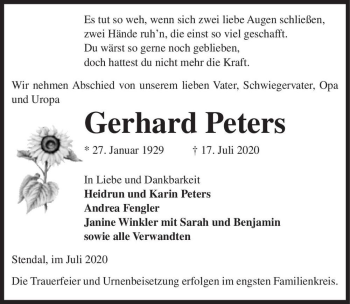 Traueranzeige von Gerhard Peters  von Magdeburger Volksstimme
