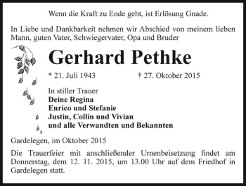 Traueranzeige von Gerhard Pethke  von Magdeburger Volksstimme