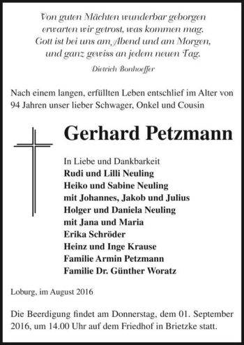Traueranzeige von Gerhard Petzmann  von Magdeburger Volksstimme
