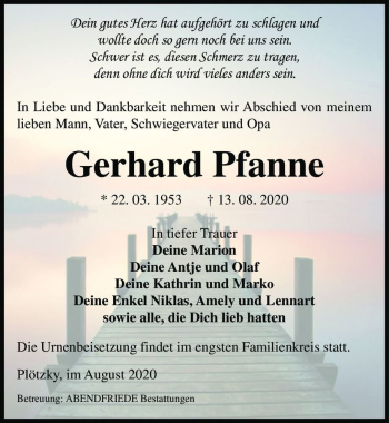 Traueranzeige von Gerhard Pfanne  von Magdeburger Volksstimme