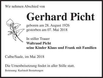 Traueranzeige von Gerhard Picht  von Magdeburger Volksstimme