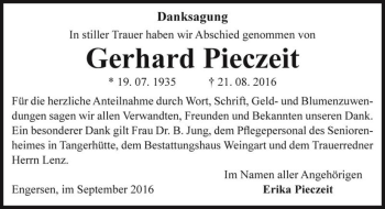 Traueranzeige von Gerhard Pieczeit  von Magdeburger Volksstimme
