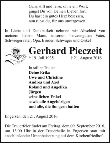 Traueranzeige von Gerhard Pieczeit  von Magdeburger Volksstimme