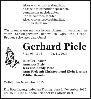 Traueranzeige von Gerhard Piele  von Magdeburger Volksstimme