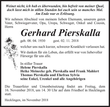 Traueranzeige von Gerhard Pierskalla  von Magdeburger Volksstimme