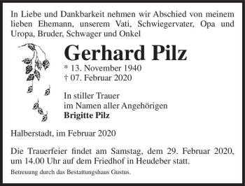 Traueranzeige von Gerhard Pilz  von Magdeburger Volksstimme