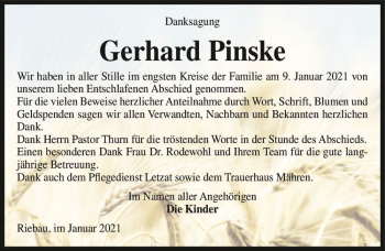 Traueranzeige von Gerhard Pinske  von Magdeburger Volksstimme