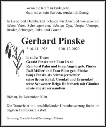 Traueranzeige von Gerhard Pinske  von Magdeburger Volksstimme