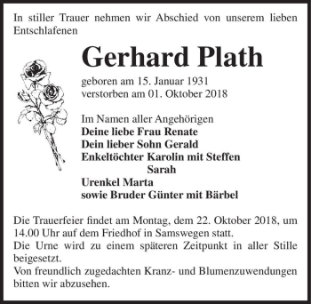 Traueranzeige von Gerhard Plath  von Magdeburger Volksstimme