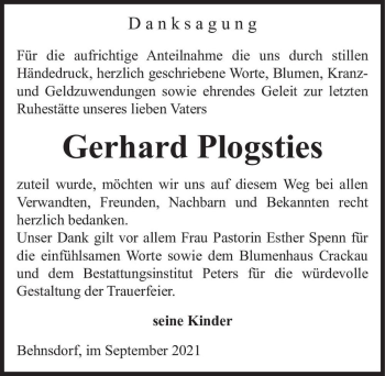 Traueranzeige von Gerhard Plogsties  von Magdeburger Volksstimme