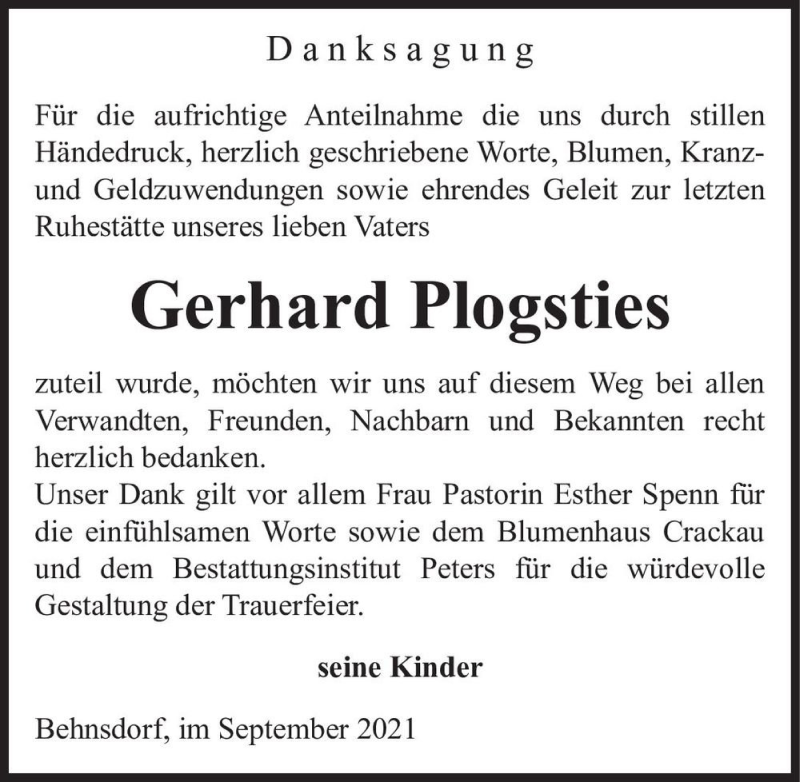  Traueranzeige für Gerhard Plogsties  vom 11.09.2021 aus Magdeburger Volksstimme