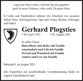 Traueranzeige von Gerhard Plogsties  von Magdeburger Volksstimme