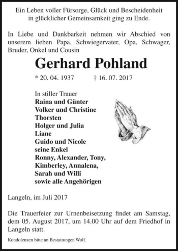 Traueranzeige von Gerhard Pohland  von Magdeburger Volksstimme