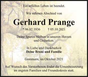 Traueranzeige von Gerhard Prange  von Magdeburger Volksstimme