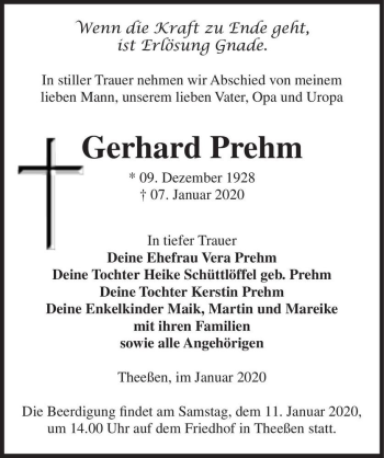 Traueranzeige von Gerhard Prehm  von Magdeburger Volksstimme