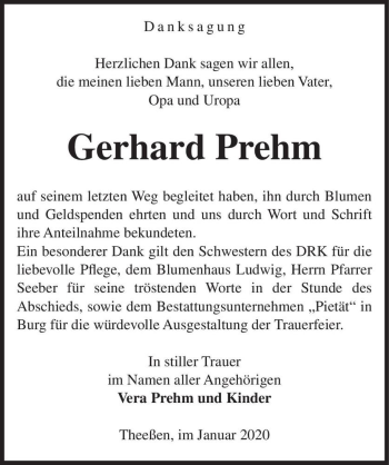 Traueranzeige von Gerhard Prehm  von Magdeburger Volksstimme