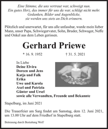Traueranzeige von Gerhard Priewe  von Magdeburger Volksstimme