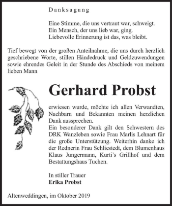 Traueranzeige von Gerhard Probst  von Magdeburger Volksstimme