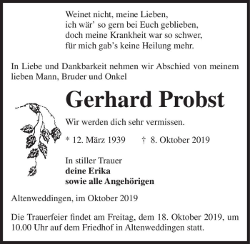 Traueranzeige von Gerhard Probst  von Magdeburger Volksstimme