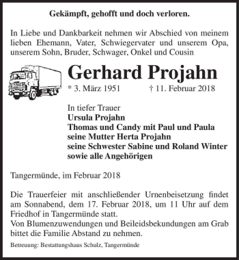 Traueranzeige von Gerhard Projahn  von Magdeburger Volksstimme