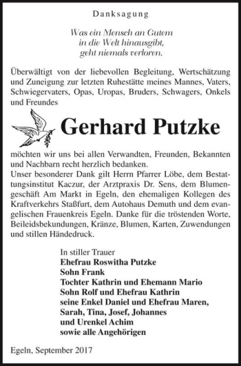 Traueranzeige von Gerhard Putzke  von Magdeburger Volksstimme