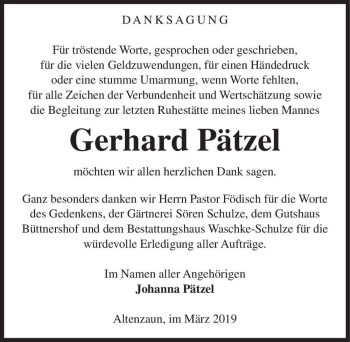 Traueranzeige von Gerhard Pätzel  von Magdeburger Volksstimme
