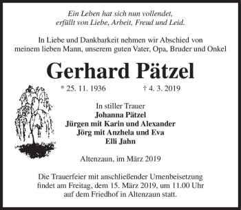 Traueranzeige von Gerhard Pätzel  von Magdeburger Volksstimme