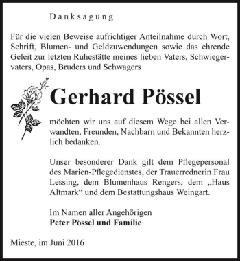Traueranzeige von Gerhard Pössel  von Magdeburger Volksstimme