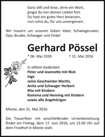 Traueranzeige von Gerhard Pössel  von Magdeburger Volksstimme