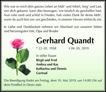 Traueranzeige von Gerhard Quandt  von Magdeburger Volksstimme
