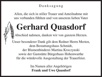 Traueranzeige von Gerhard Quasdorf  von Magdeburger Volksstimme