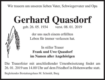 Traueranzeige von Gerhard Quasdorf  von Magdeburger Volksstimme