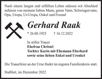 Traueranzeige von Gerhard Raak  von Magdeburger Volksstimme