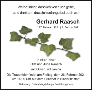 Traueranzeige von Gerhard Raasch  von Magdeburger Volksstimme