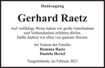 Traueranzeige von Gerhard Raetz  von Magdeburger Volksstimme