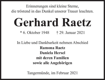 Traueranzeige von Gerhard Raetz  von Magdeburger Volksstimme