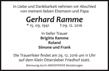 Traueranzeige von Gerhard Ramme  von Magdeburger Volksstimme