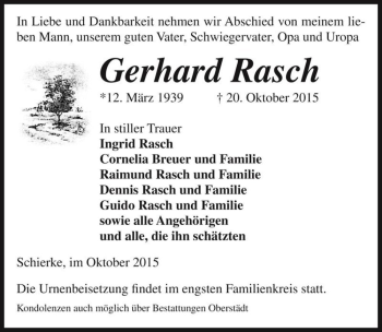 Traueranzeige von Gerhard Rasch  von Magdeburger Volksstimme