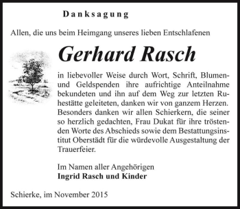 Traueranzeige von Gerhard Rasch  von Magdeburger Volksstimme