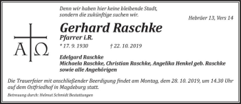 Traueranzeige von Gerhard Raschke  von Magdeburger Volksstimme