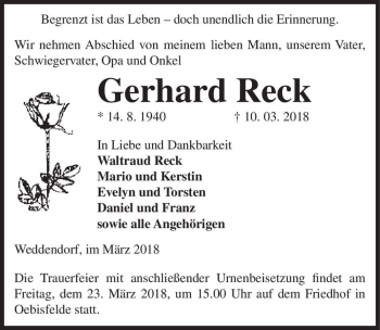 Traueranzeige von Gerhard Reck  von Magdeburger Volksstimme