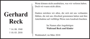 Traueranzeige von Gerhard Reck  von Magdeburger Volksstimme