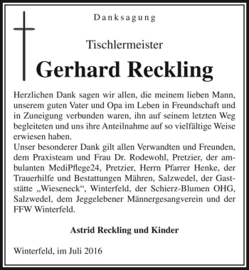 Traueranzeige von Gerhard Reckling  von Magdeburger Volksstimme