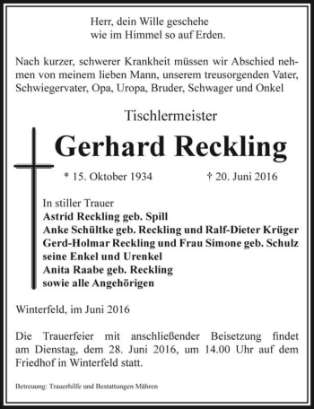 Traueranzeige von Gerhard Reckling  von Magdeburger Volksstimme