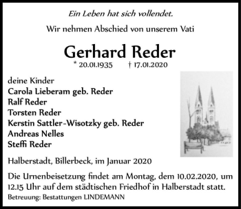 Traueranzeige von Gerhard Reder  von Magdeburger Volksstimme