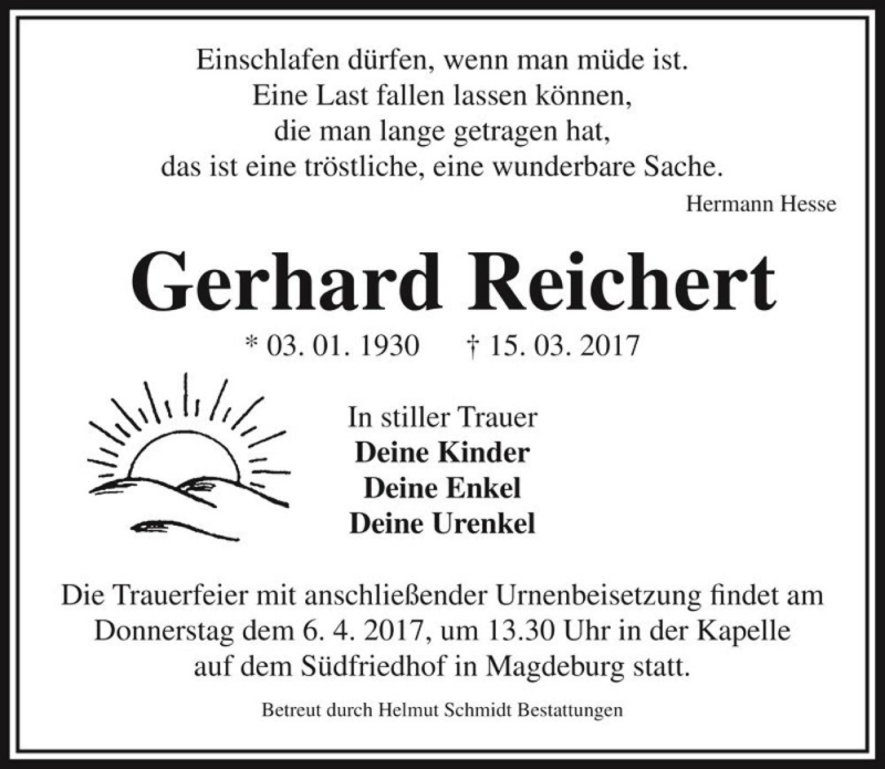 Traueranzeige für Gerhard Reichert  vom 25.03.2017 aus Magdeburger Volksstimme